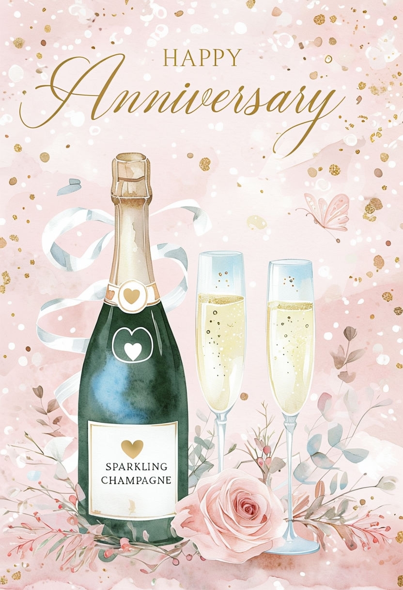 Elegant Blush Pink Anniversary Greeting Card with Champagne 

