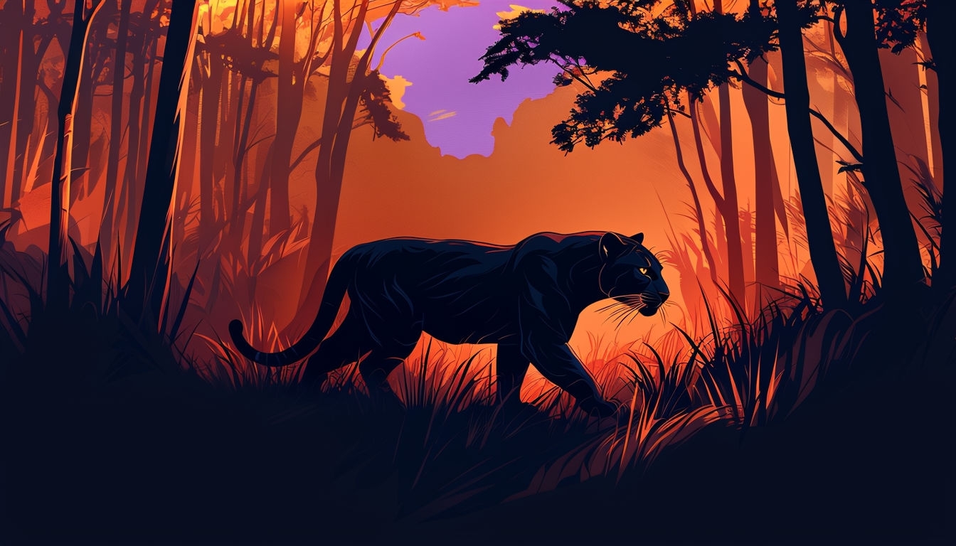 Mysterious Black Panther in Twilight Forest Illustration Background