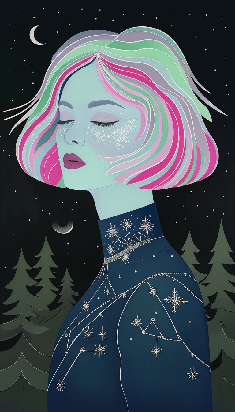 Nordic Aurora Weaver Portrait with Ethereal Night Sky Art