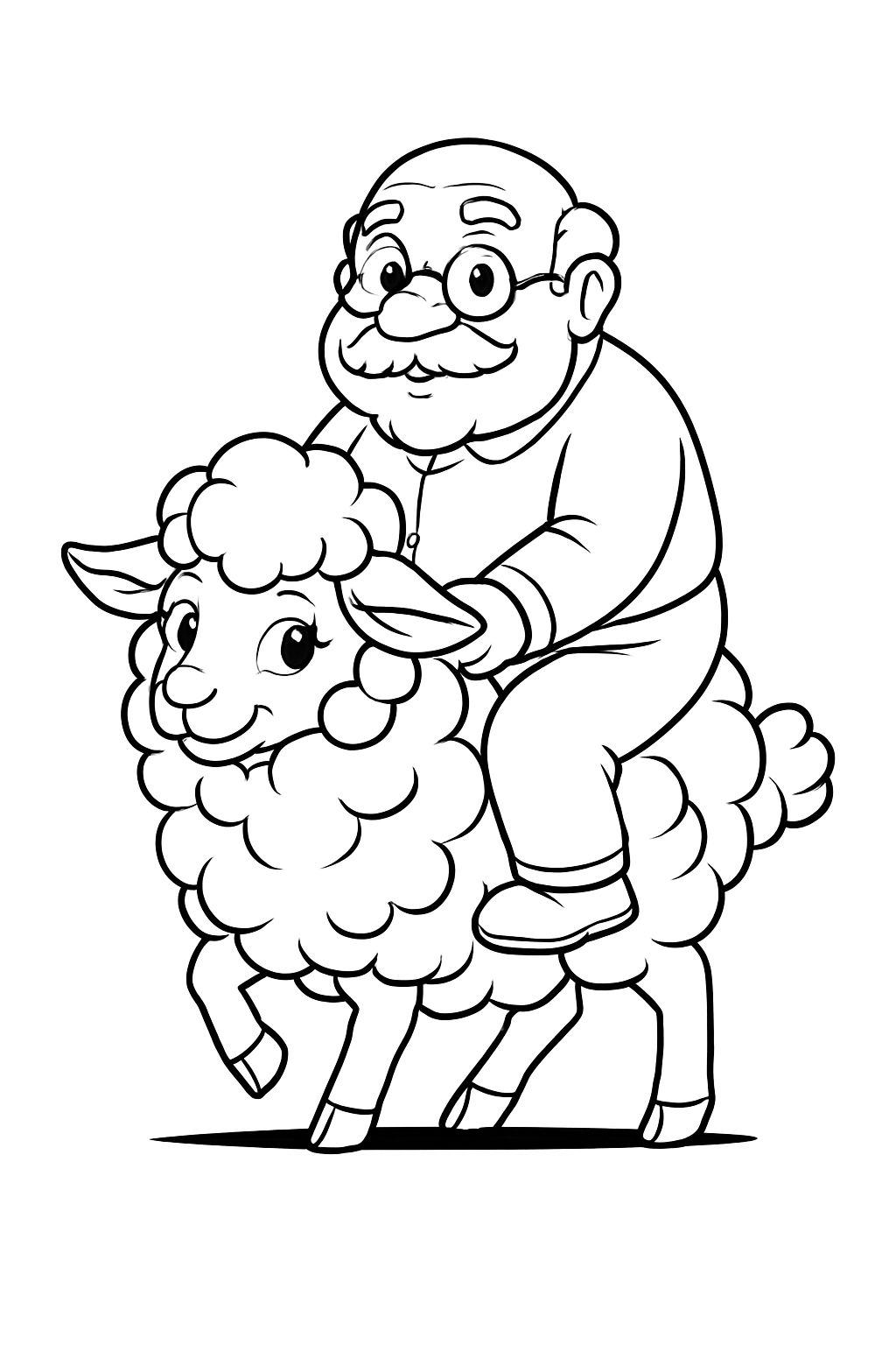Whimsical Cartoon Man Riding Sheep Illustration for Coloring Book Pages