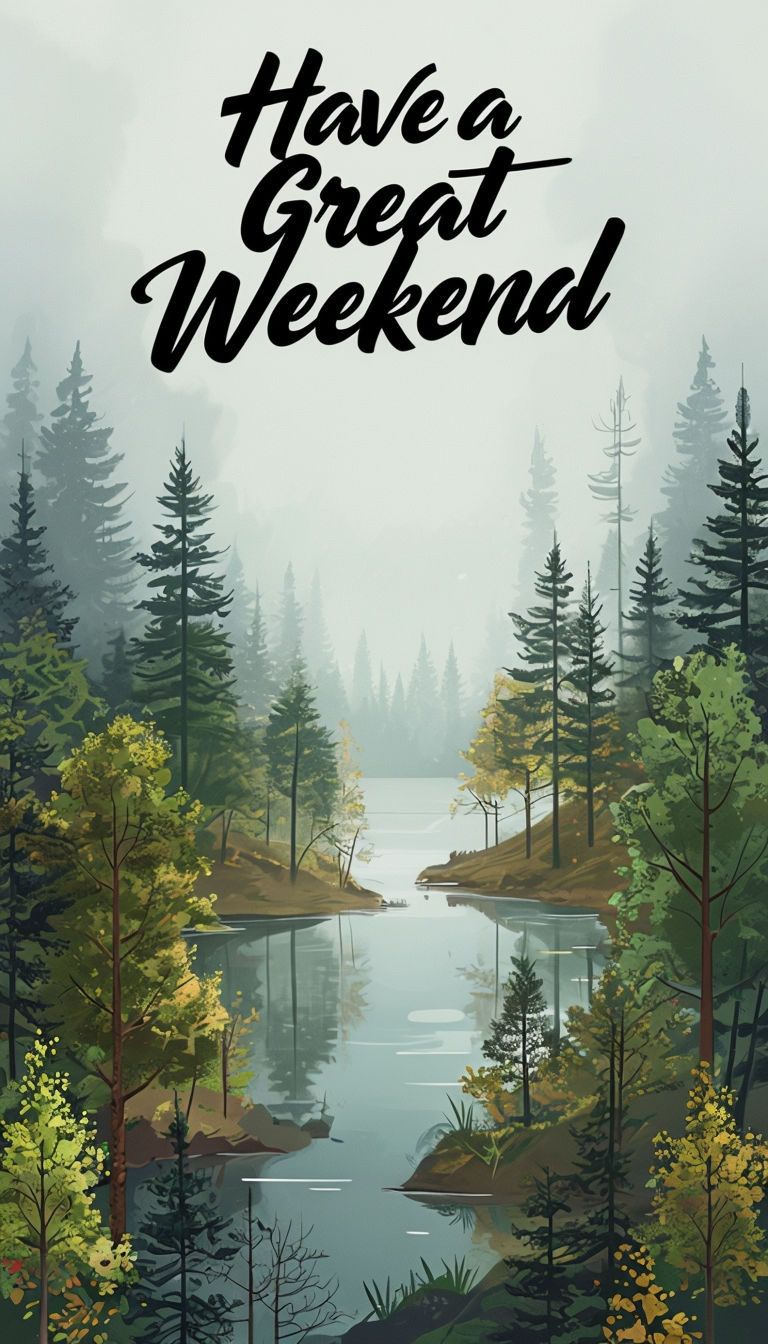 Tranquil Forest Landscape with Reflective Water and 'Have a Great Weekend' Art