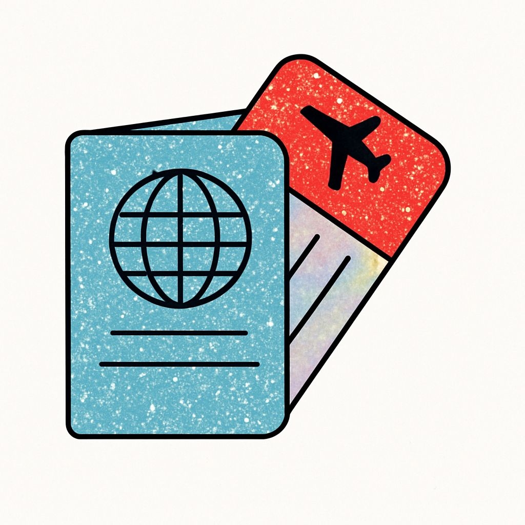 Cartoon Passport and Airline Ticket Travel Sticker