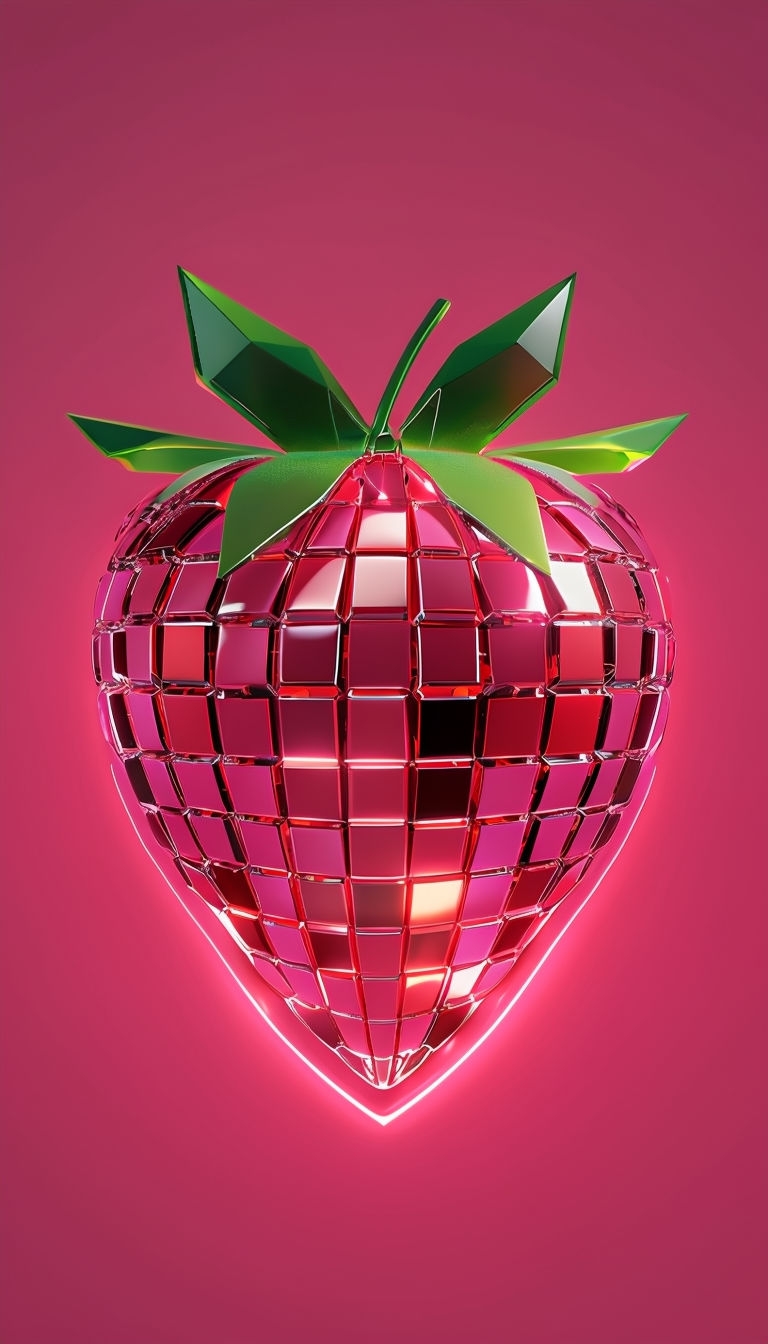 Futuristic Abstract Strawberry Design on Neon Pink Background Mobile Wallpaper