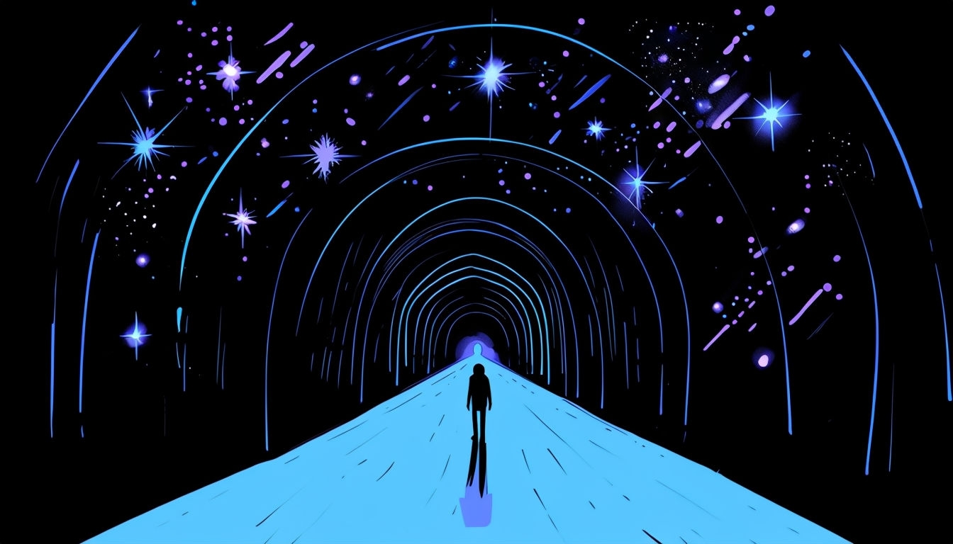 Mysterious Silhouette in Electric Blue Tunnel Art