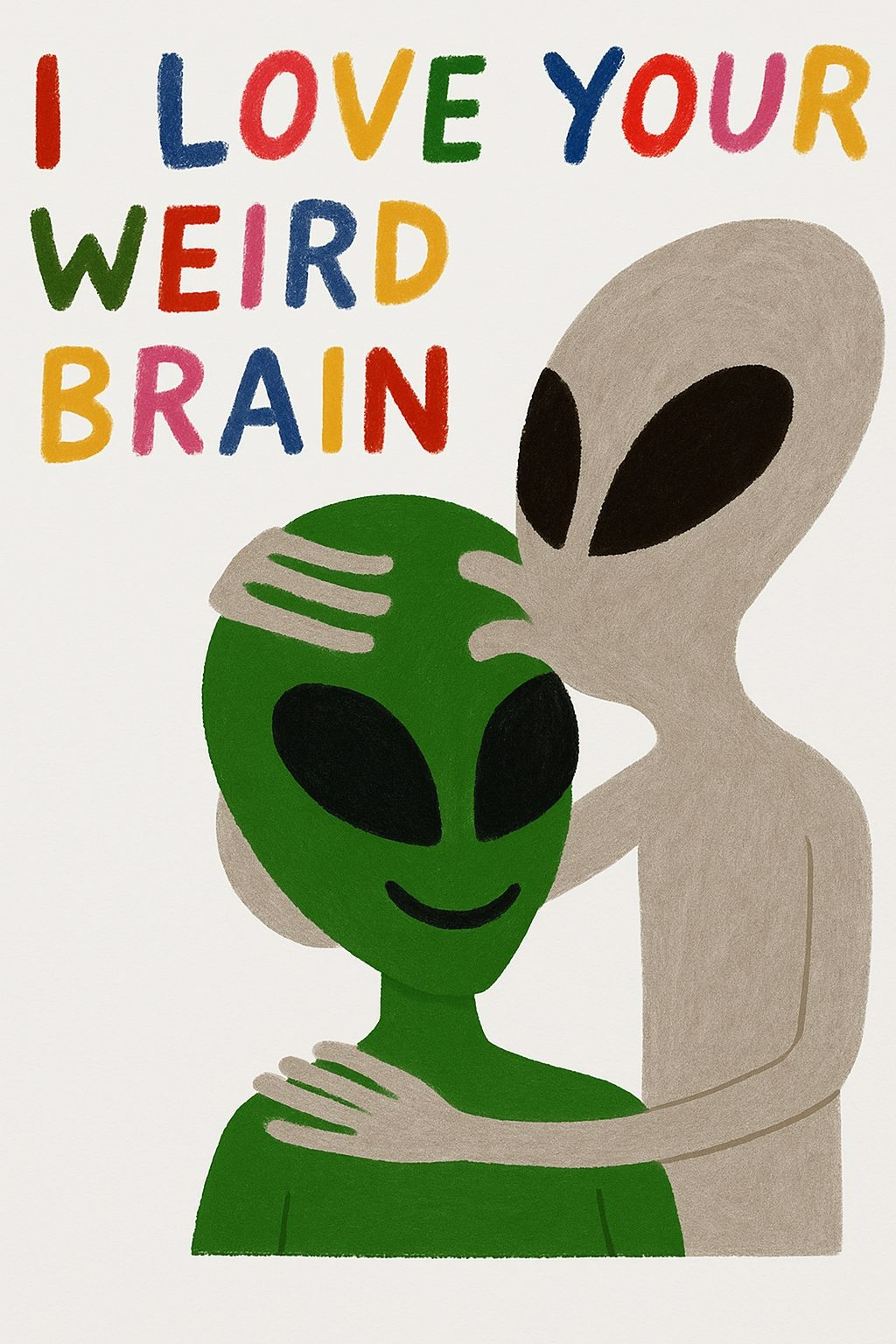 Affectionate Cartoon Aliens with Colorful Text T-Shirt