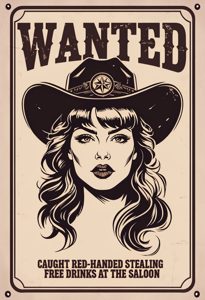 Vintage Western Style Wanted Poster Featuring Bold Cowboy Woman