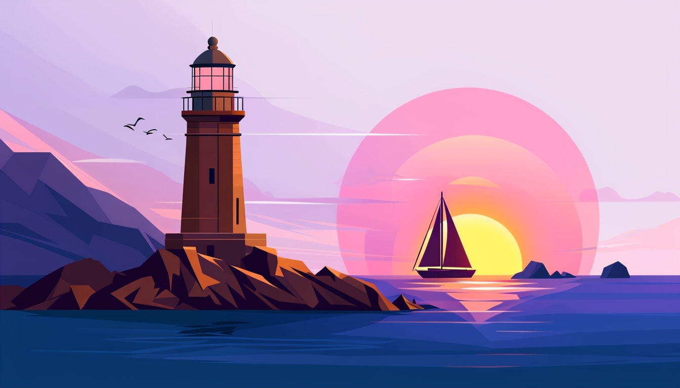 Coastal Sunset with Lighthouse and Sailboat Vector Art Background