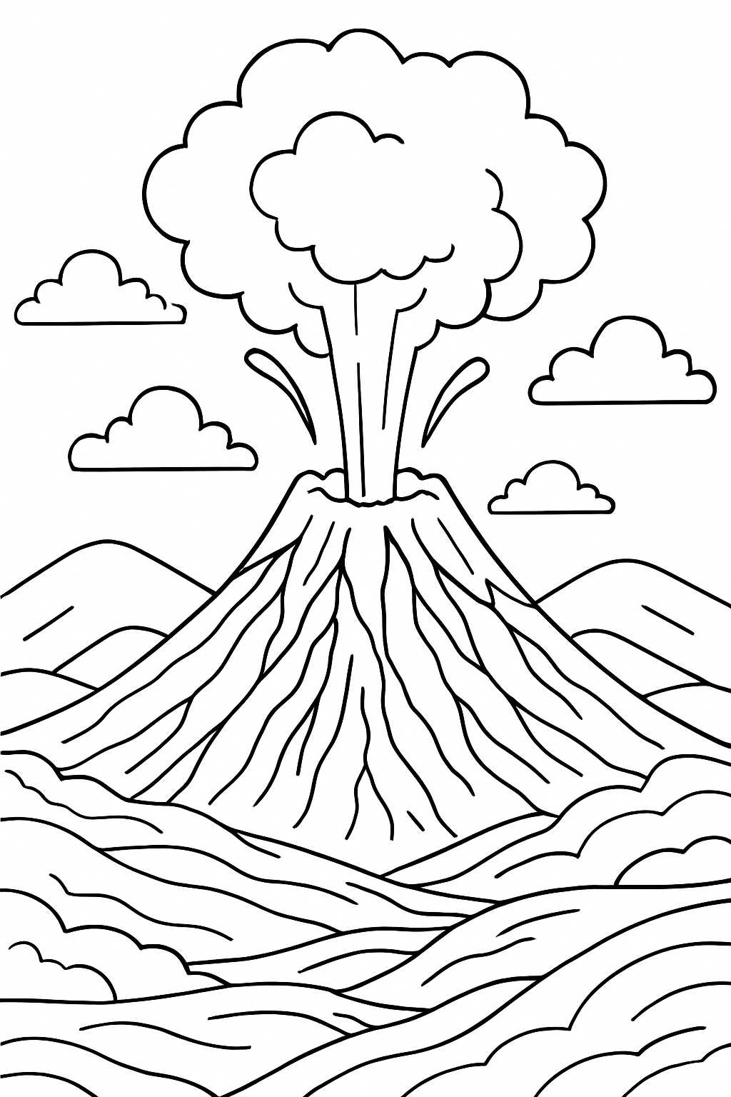 Dramatic Black and White Volcanic Eruption Line Drawing Coloring Book Page