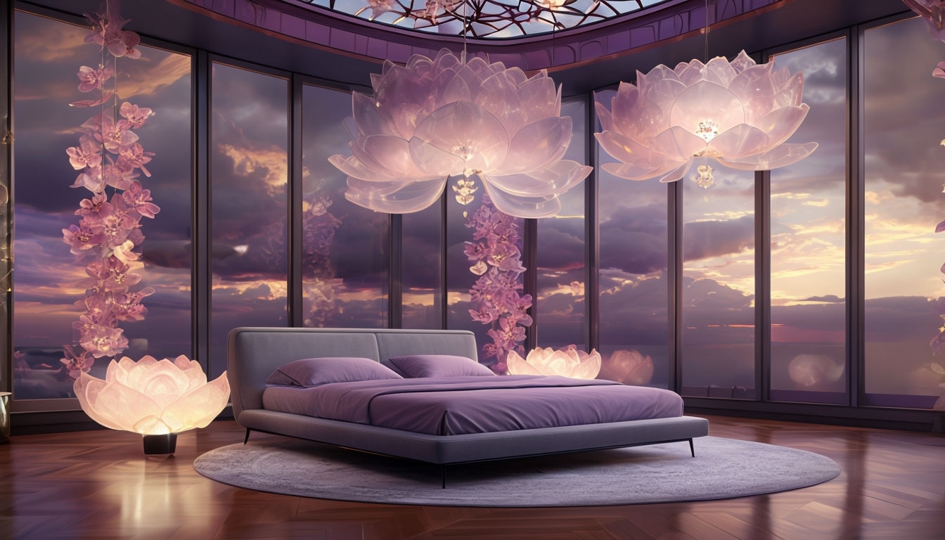 Elegant Modern Bedroom with Floral Chandeliers Art