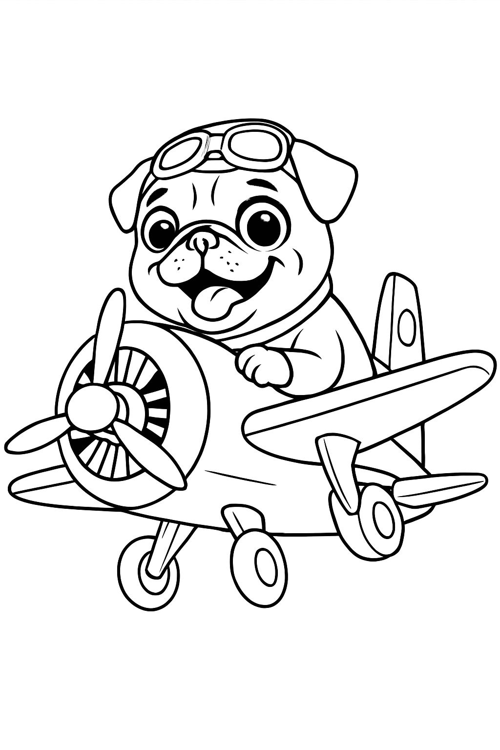 Cheerful Pug Flying Toy Airplane Cartoon Illustration Coloring Book Pages