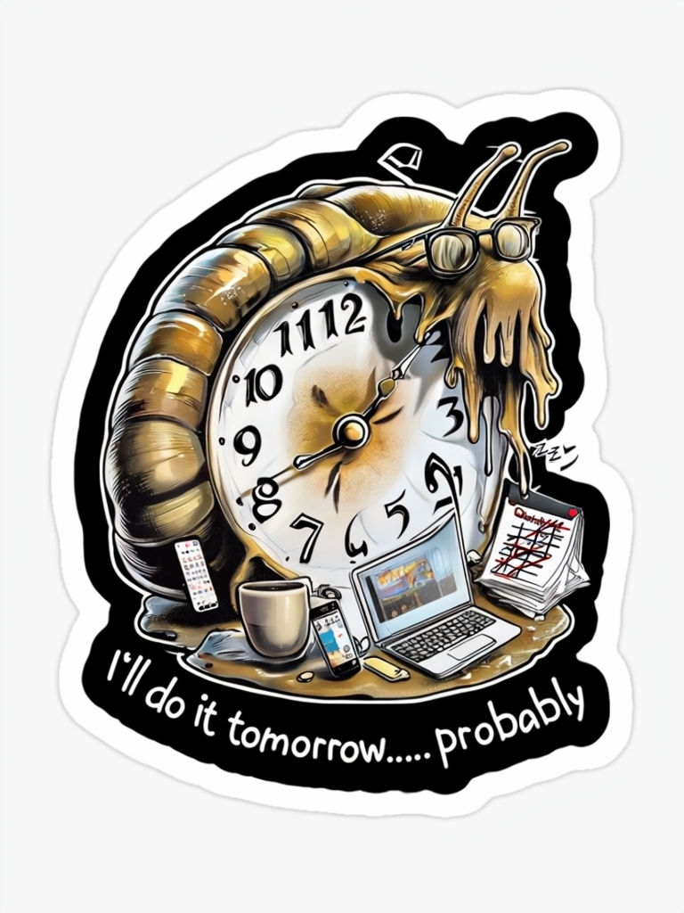 Humorous Procrastination Snail Clock Sticker Design with Cartoon Elements