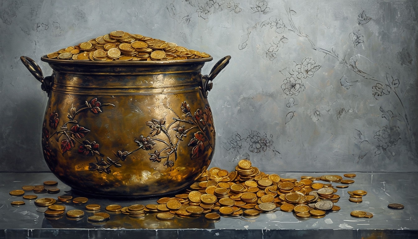 Realistic Metallic Pot with Golden Coins Still Life Artwork Virtual Backgrounds