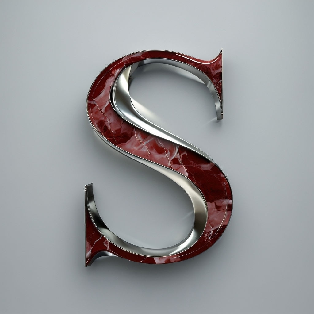 Elegant 3D 'S' Monogram in Brushed Metal and Red Marble Design