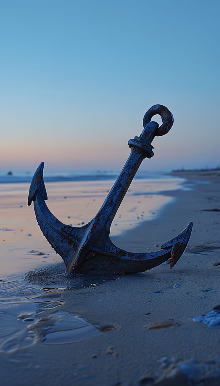Old Rusty Anchor on Deserted Beach at Twilight Mobile Wallpaper