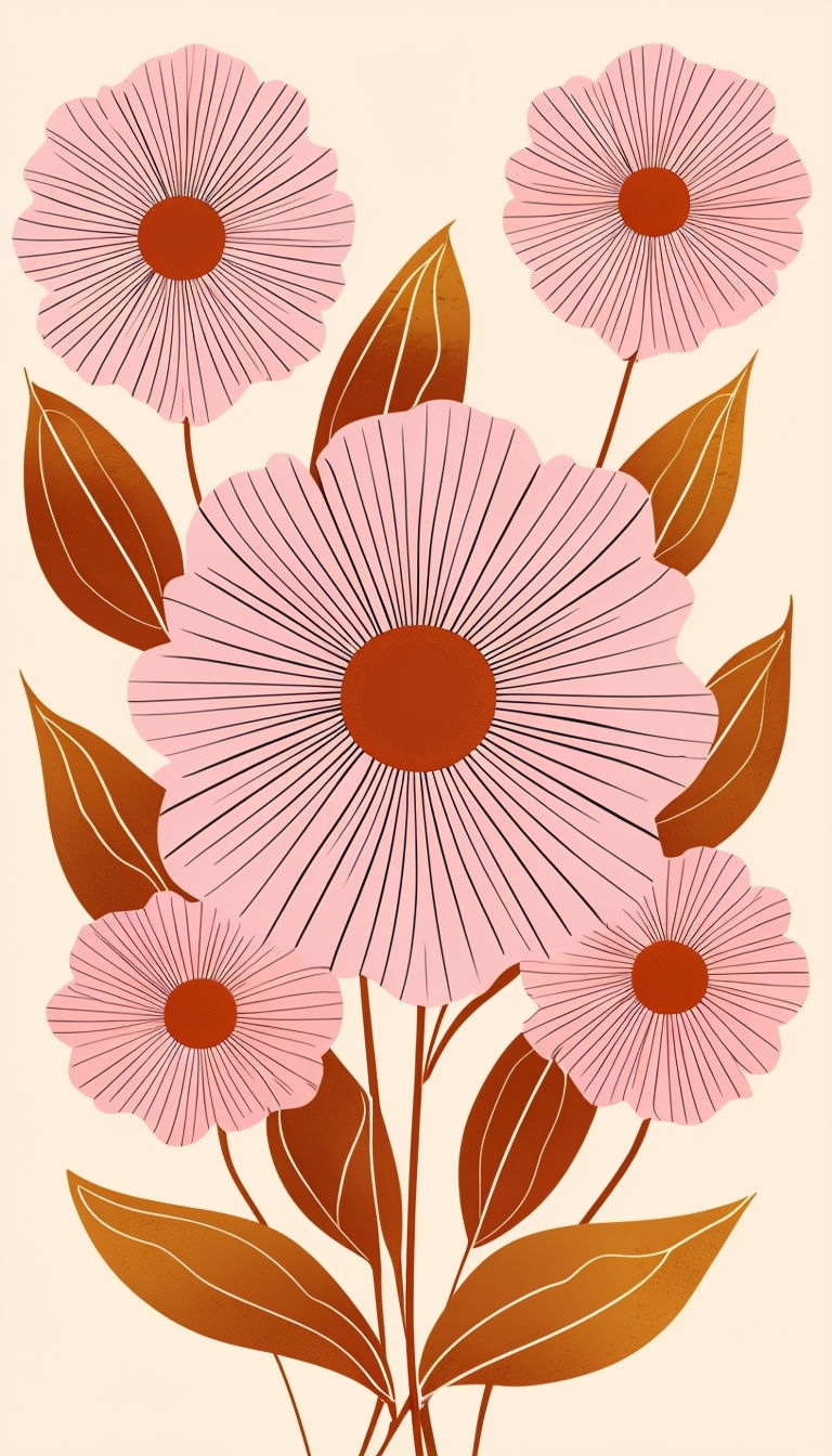 Modern Abstract Floral Illustration with Symmetrical Flower Design Mobile Wallpaper