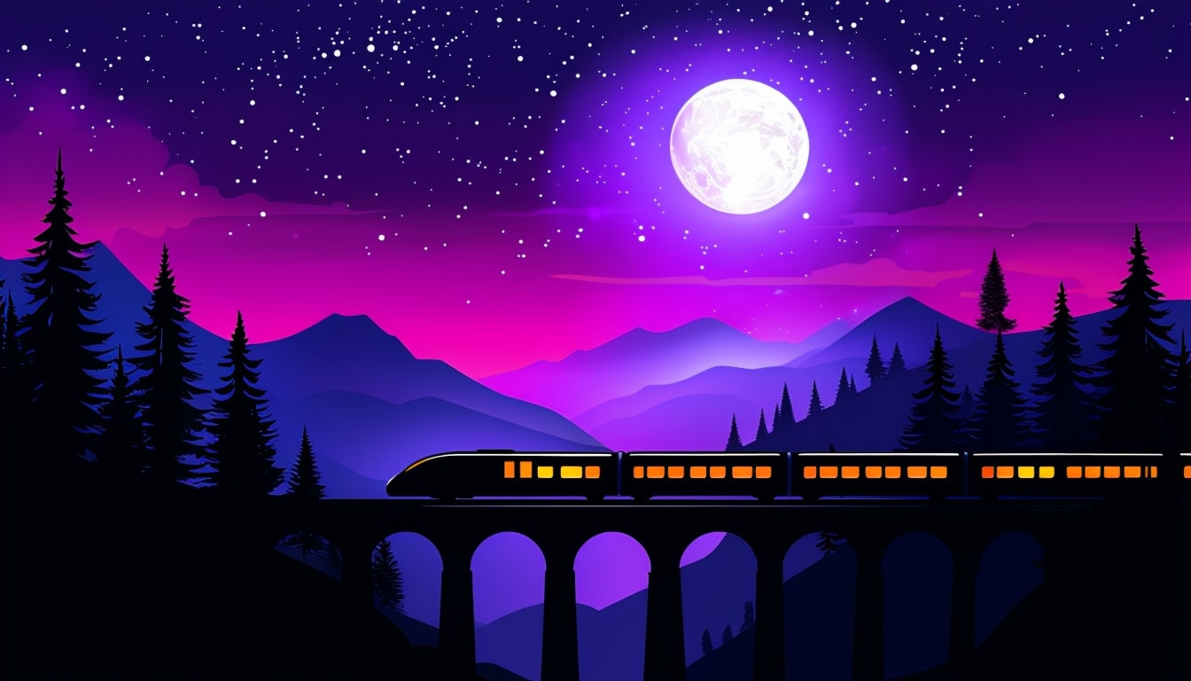 Tranquil Nighttime Landscape with Train and Moon Virtual Background