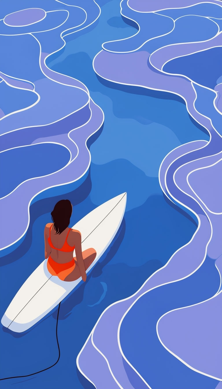 Minimalist Surfer Sitting on Abstract Waves Digital Art