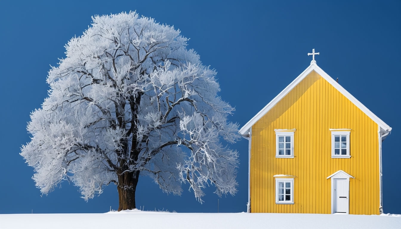 Minimalist Winter Landscape with Frosted Tree and Yellow House Virtual Backgrounds