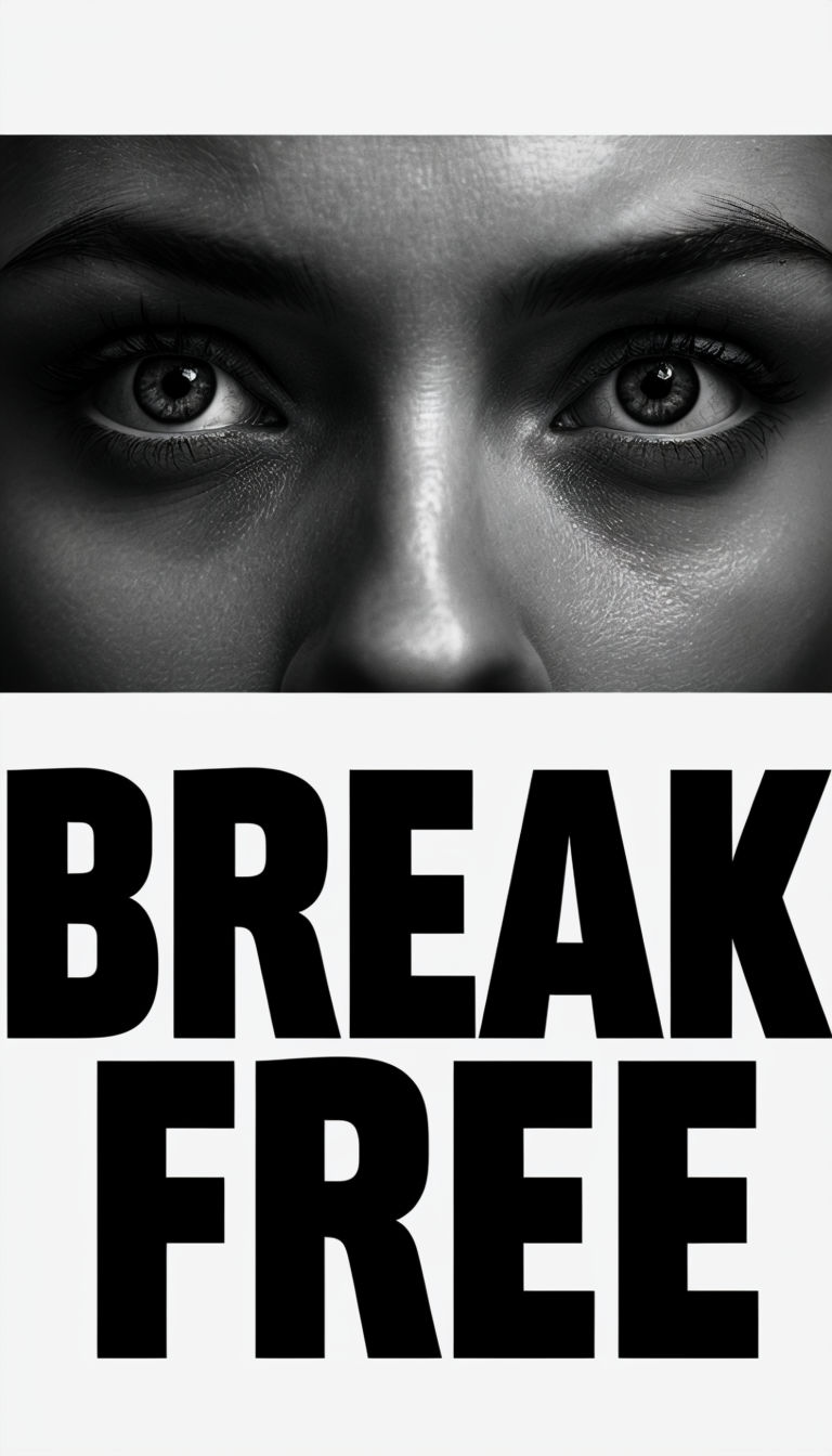 Dramatic Black and White Close-Up Face Poster with 'BREAK FREE' Text