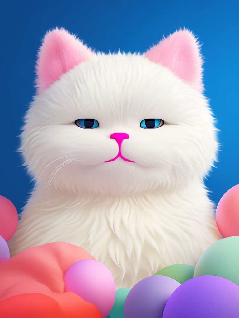 Fluffy White Cat Surrounded by Colorful Pastel Spheres Wallpaper