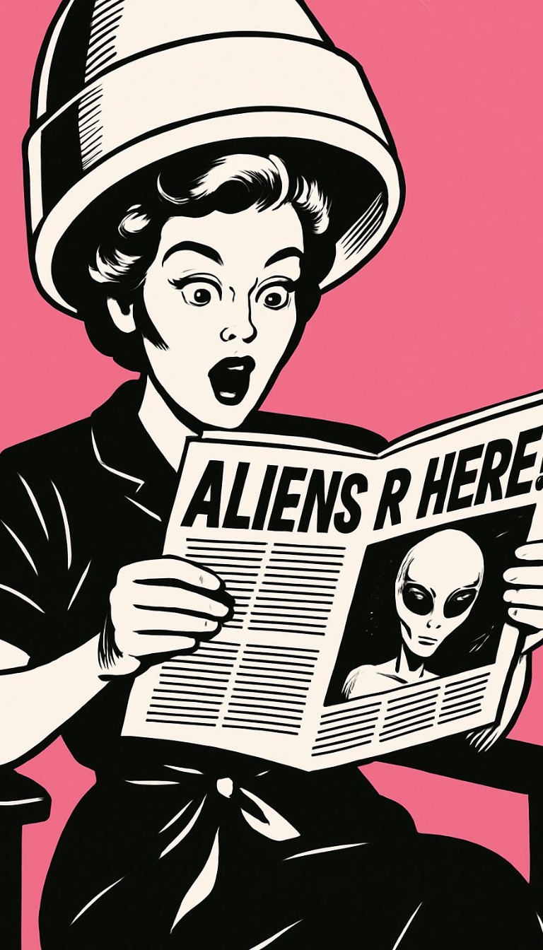 Vintage Comic Style Shocked Woman Reading Alien Newspaper Art
