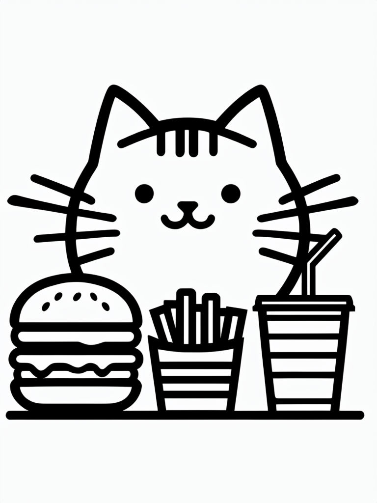 Cute Cat with Fast Food Minimalist Line Drawing Coloring Page