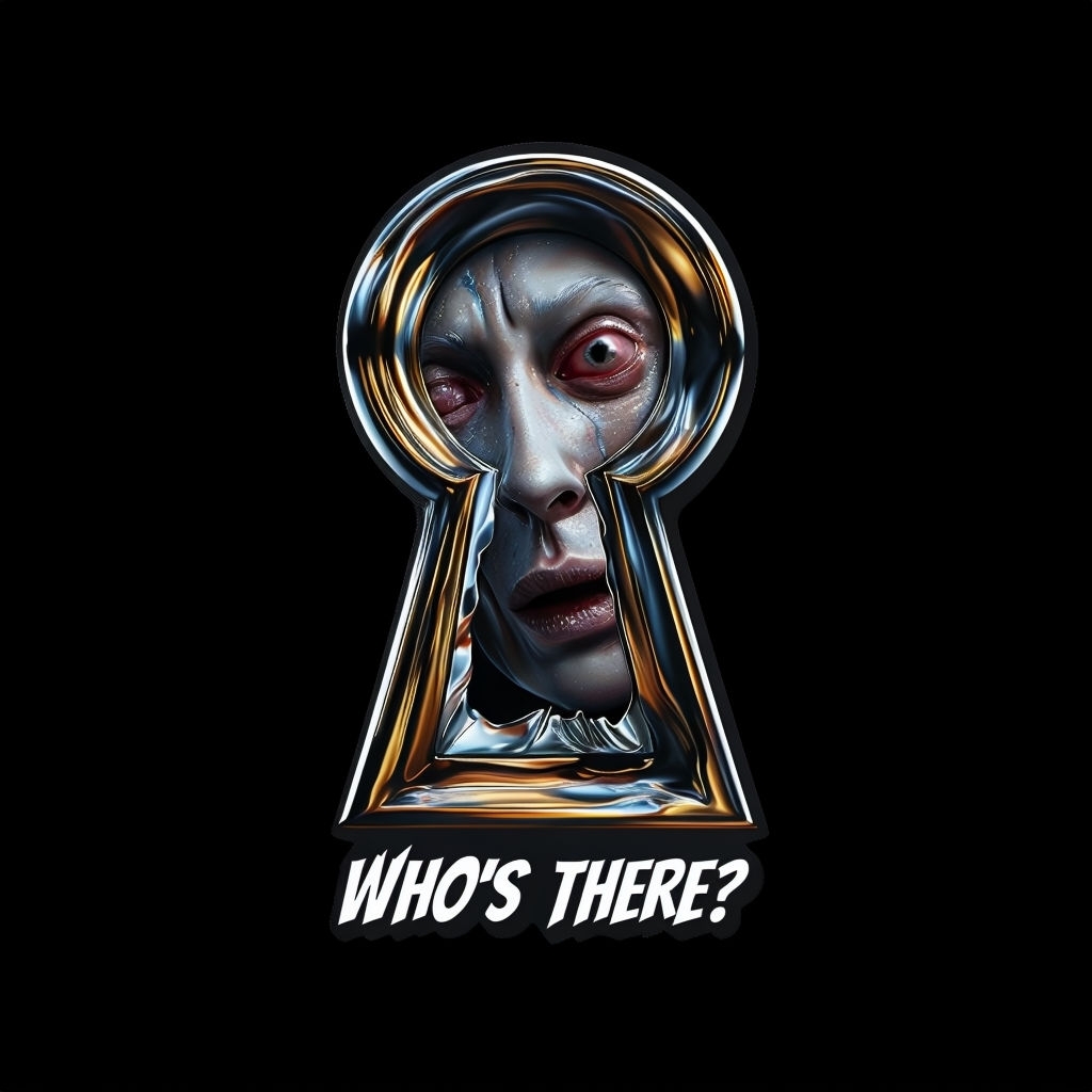 Surreal Metallic Keyhole Horror T-Shirt Design with Distorted Face