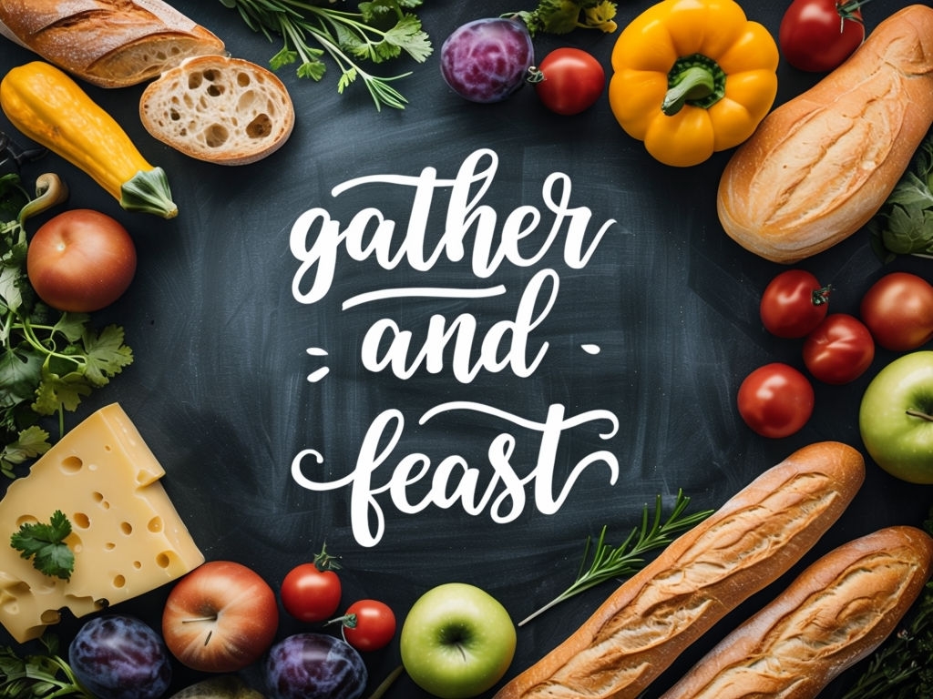 Gather and Feast Fresh Produce and Rustic Bread Arrangement Social Media Post