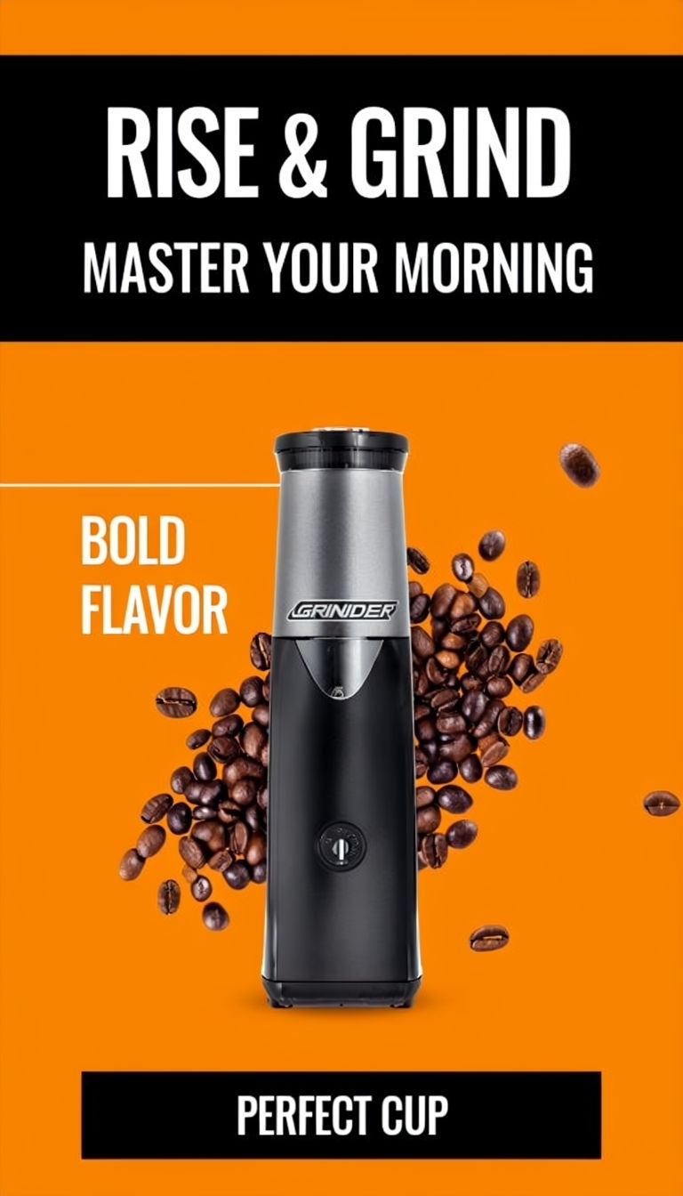 Modern Coffee Grinder Advertisement with Bold Graphics Ads