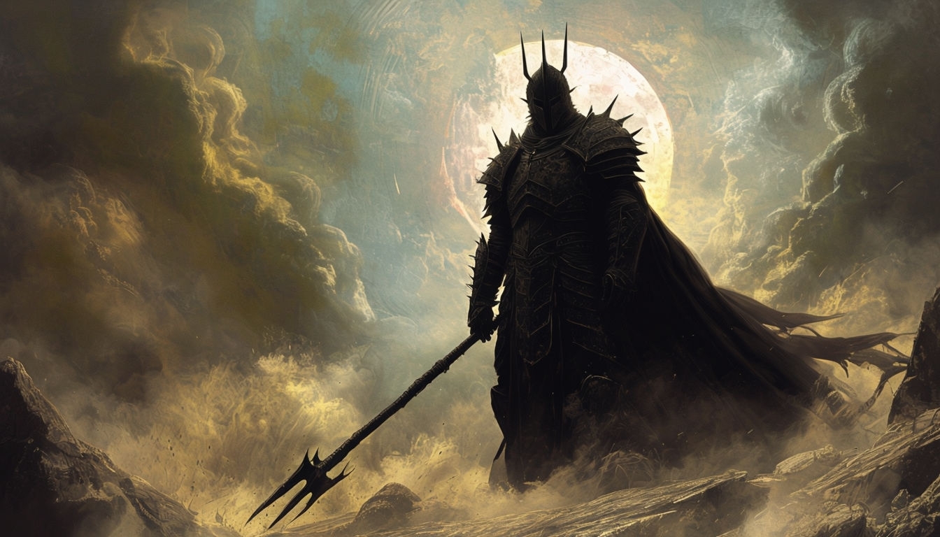 Ominous Dark Fantasy Figure in Shadowy Landscape Virtual Background
