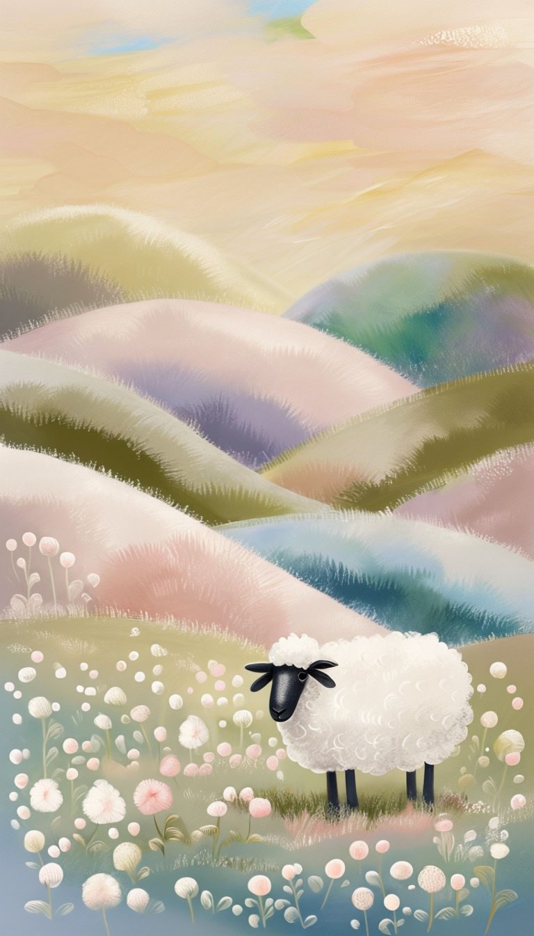 Pastel Serene Landscape with Grazing Sheep Illustration Art