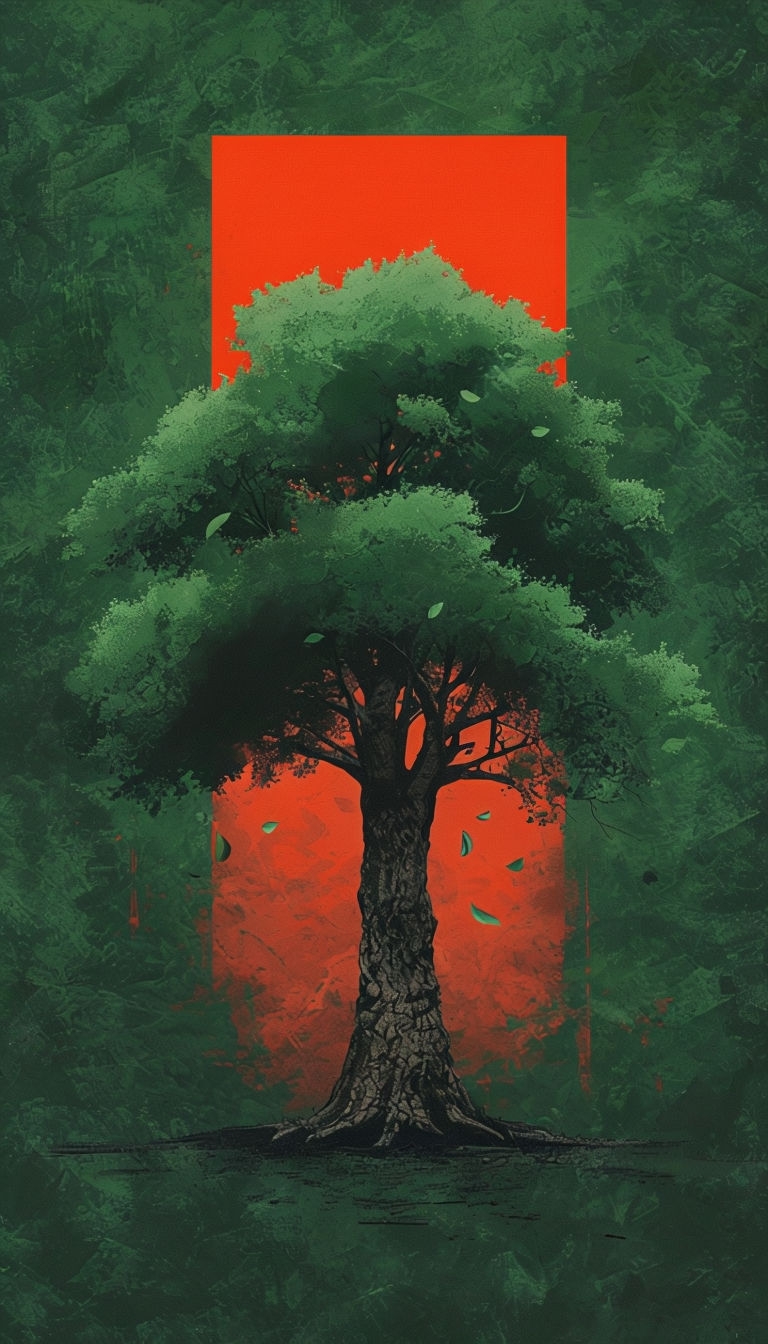 Vibrant Abstract Tree Illustration on Bold Red Background Mobile Wallpaper