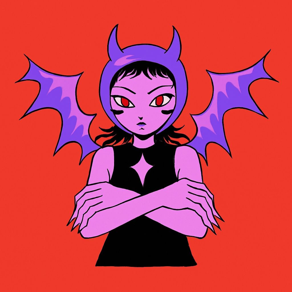 Stylish Female Demon Illustration on Bold Red Background T-shirt