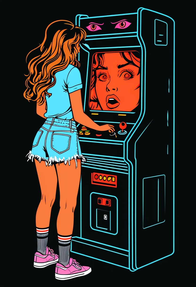 Retro Arcade Gaming Woman Illustration with Vintage Aesthetic Art