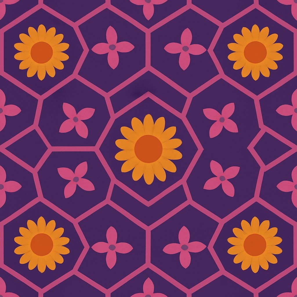 Vibrant Floral Hexagonal Pattern on Almond Background Seamless Pattern