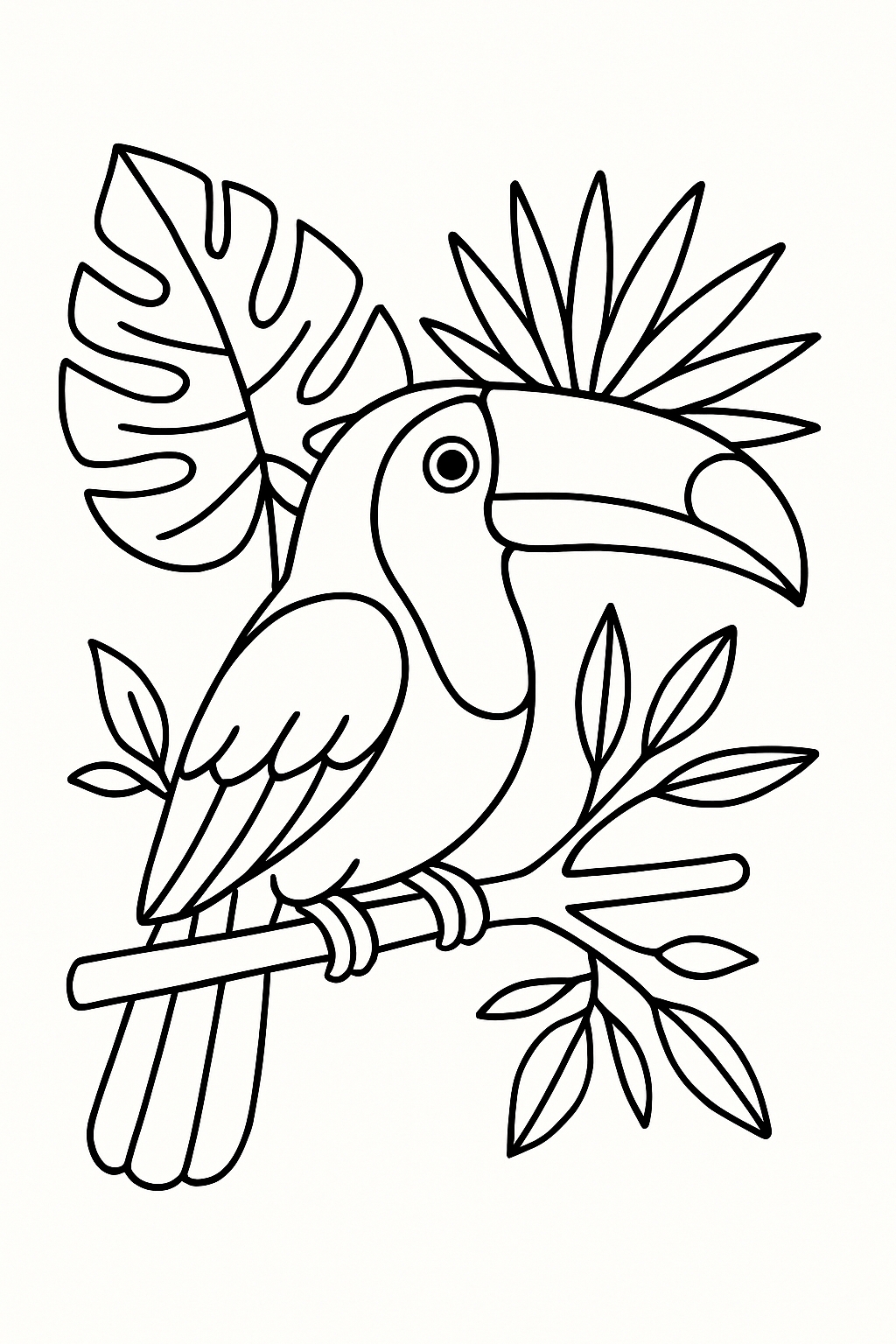 Whimsical Black-and-White Toucan in Tropical Setting Coloring Book Page