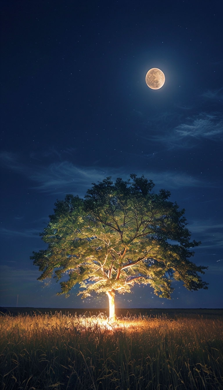 Enchanting Moonlit Tree Under Starry Night Sky Mobile Wallpaper