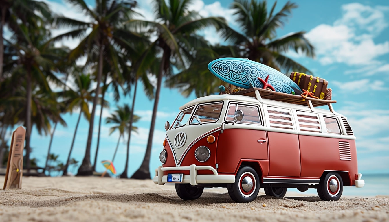 Vibrant Miniature Vintage Volkswagen Van Beach Scene Background