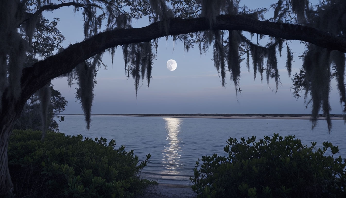 Tranquil Moonlit Landscape with Tree Branch Virtual Background