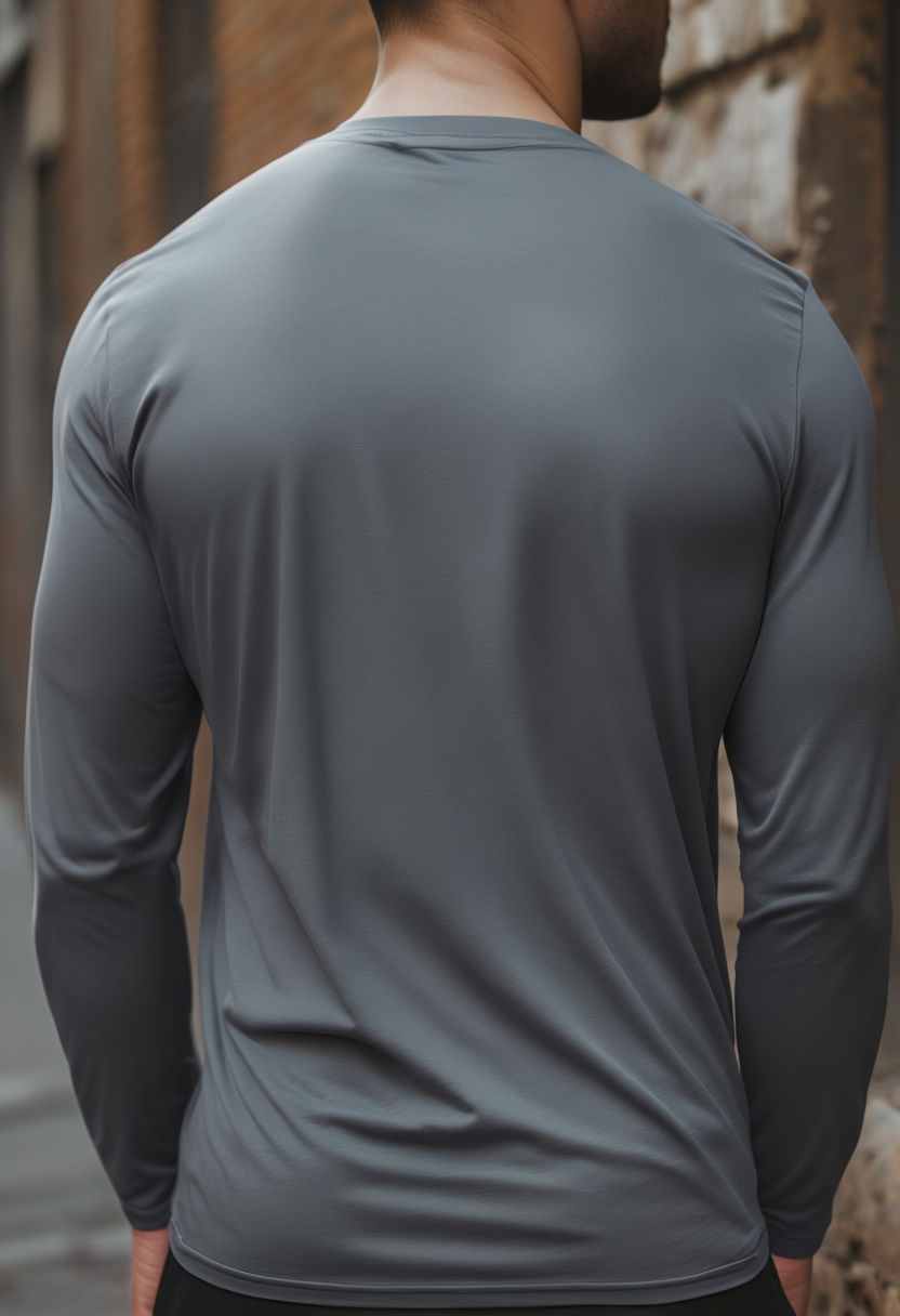 Photorealistic Charcoal Gray T-Shirt Back Mockup in Urban Setting Mockups