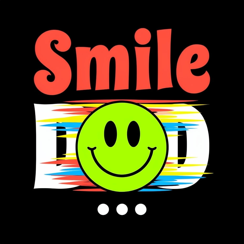 Playful Smile Graphic with Neon Colors on Black T-Shirt