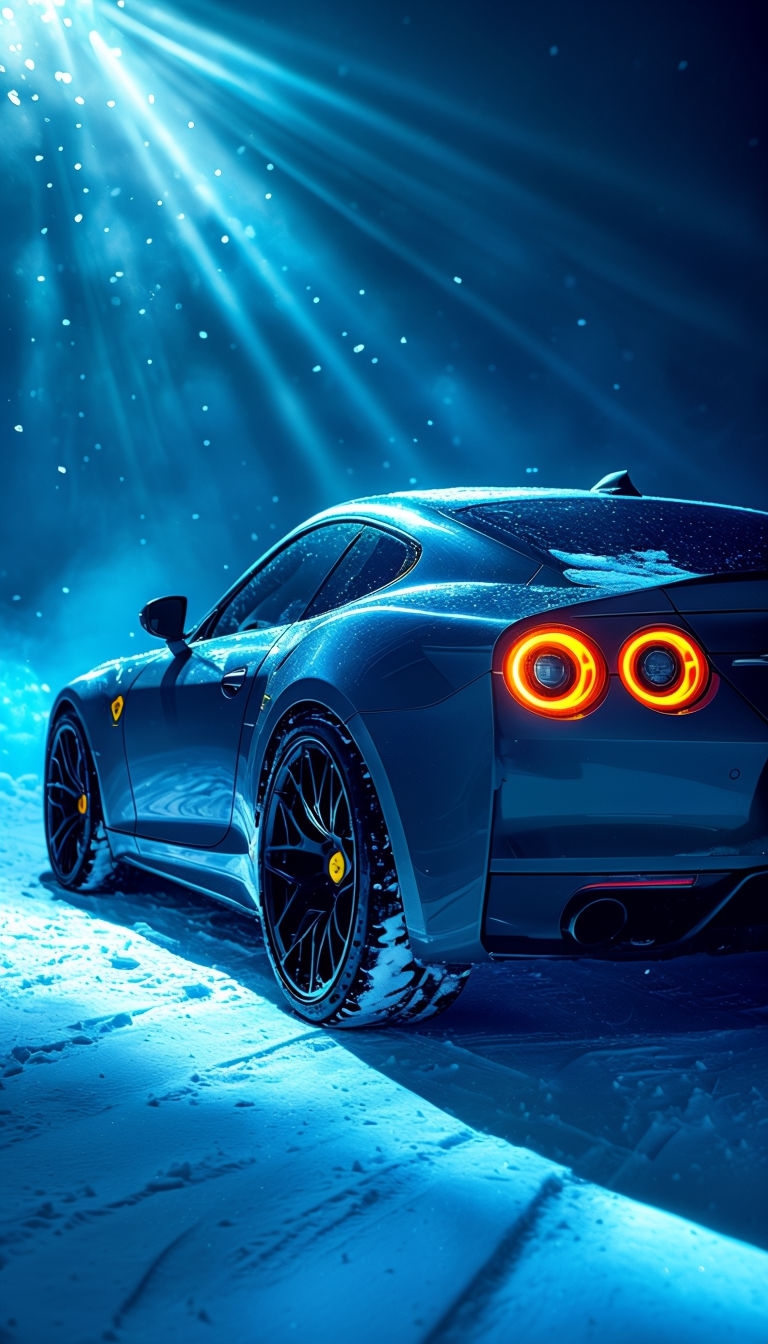 Sleek Dark Gray Sports Car in Snowy Landscape Mobile Wallpaper