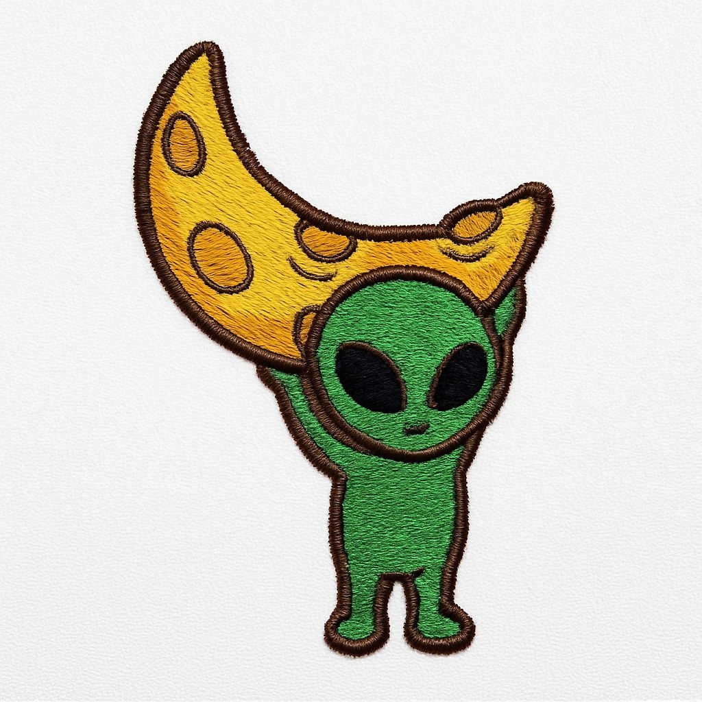 Playful Cartoon Alien Holding Cheese Slice Embroidered Patch Hat
