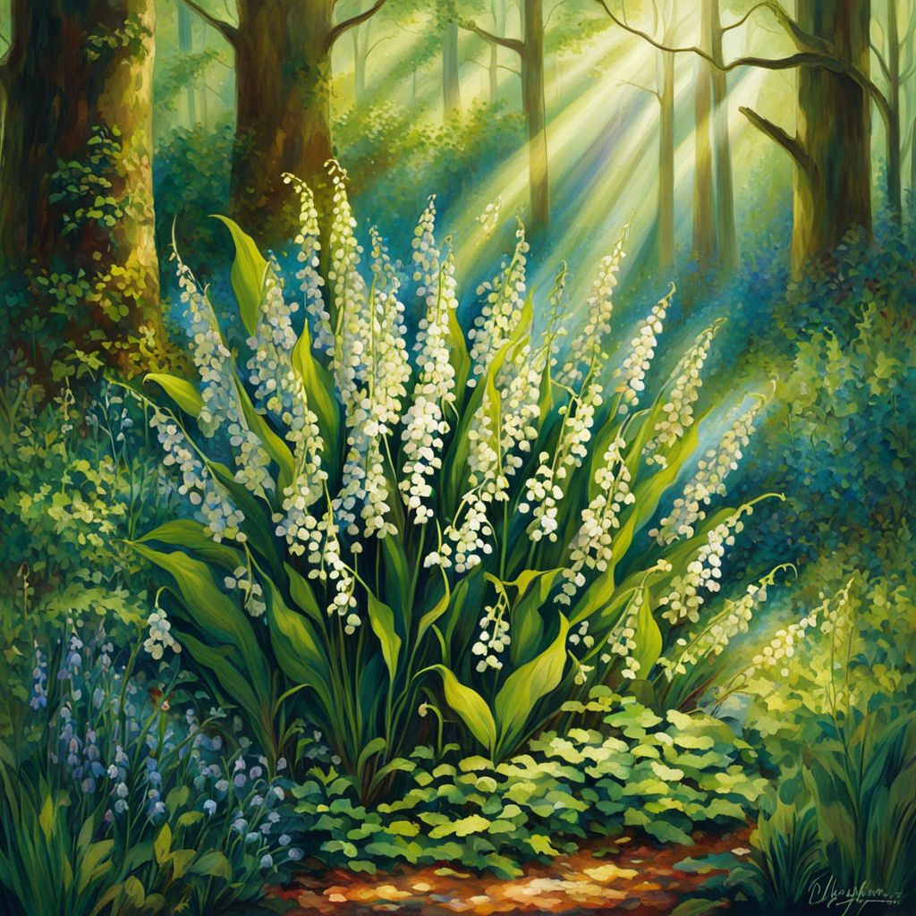 Prompt: Bouquet of mixed flowers, dominated by Lily of the Valley, nestled amongst the rich undergrowth of a forest, dappled sunlight filtering through dense foliage, various hues radiating through the blooms, Lily of the Valley's delicate bell-shaped clusters in the foreground, a tranquil, mystical atmosphere, soft focus on background trees, vibrant greens contrasting with the floral array, digital painting, octane rendering, golden ratio.