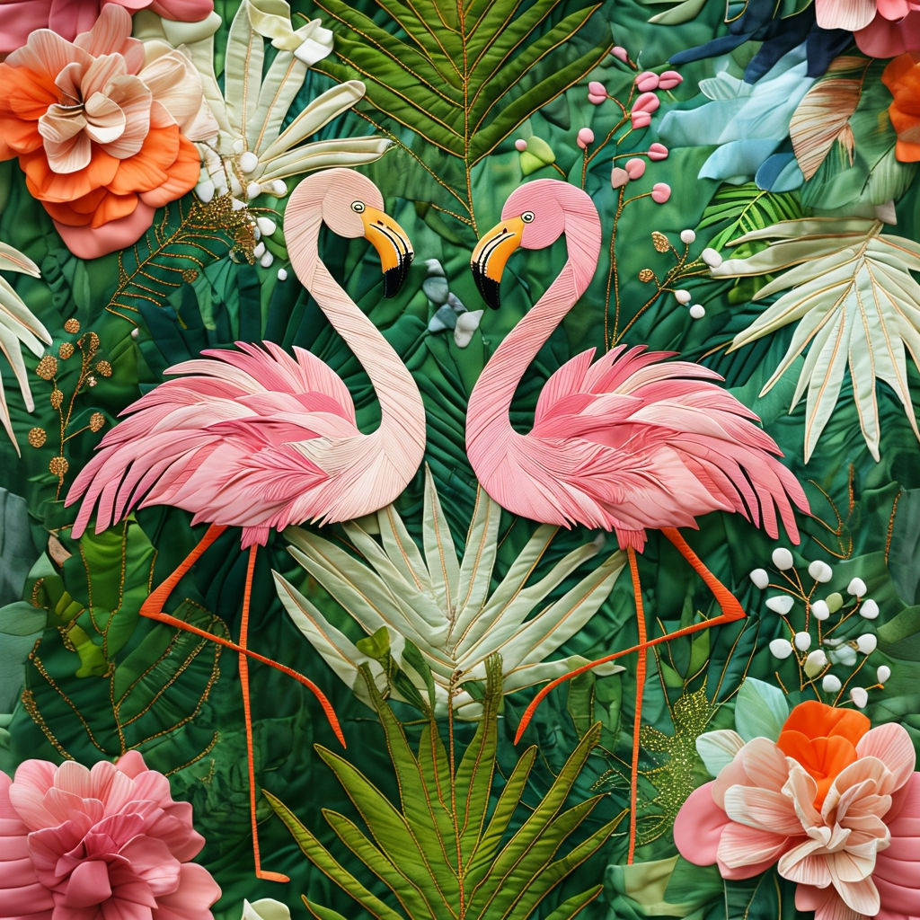 Vibrant Tropical Flamingo Seamless Pattern Design in Textile Art