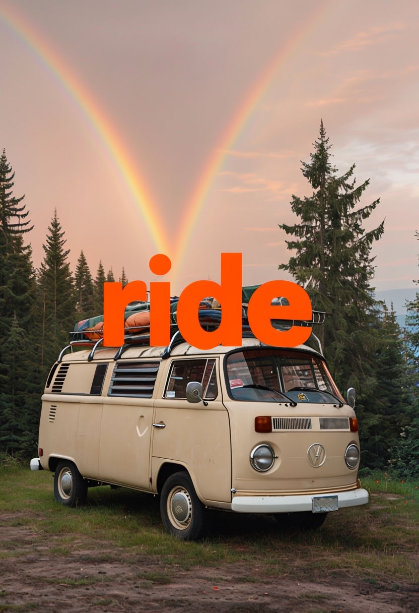Vintage Volkswagen Transporter Van with Rainbow Adventure Poster