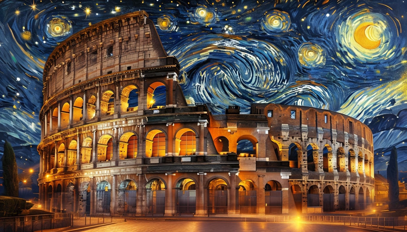 Surreal Colosseum Meets Starry Night Digital Art Poster