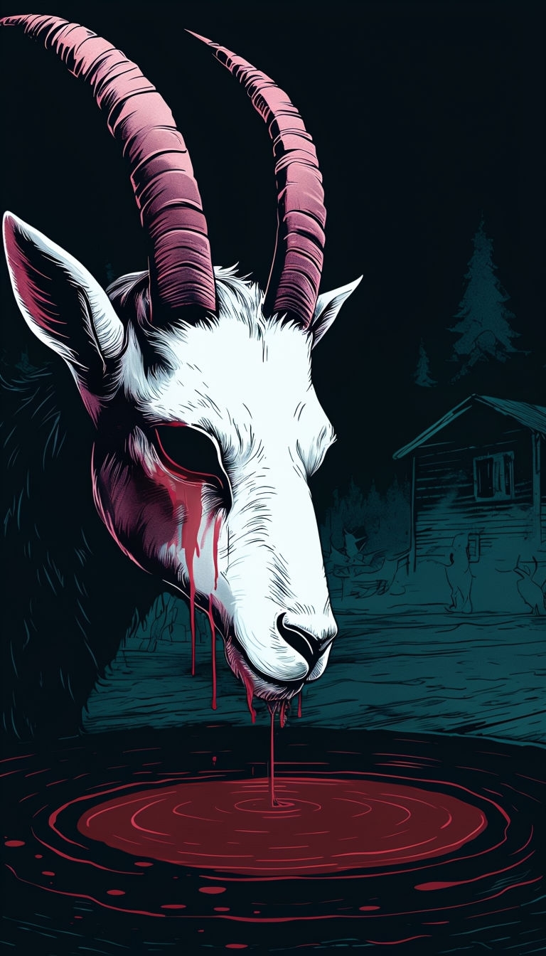 Eerie Dark Goat Mask Illustration with Blood Pool Mobile Wallpaper