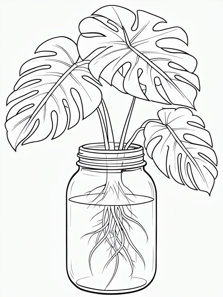 Minimalist Monstera Deliciosa Plant in Mason Jar Line Drawing Coloring Book Pages