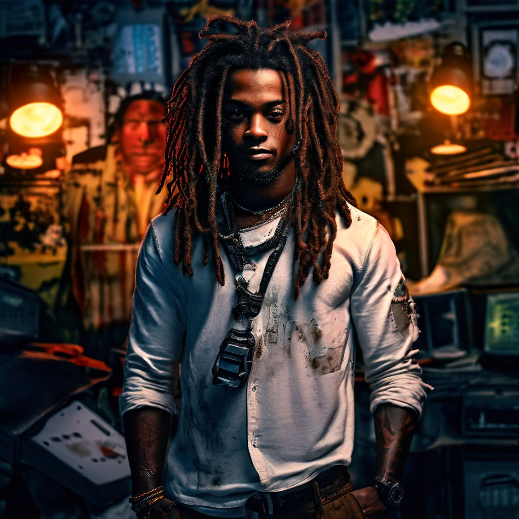 Upper body shot of a the back of an attractive and athletic 22 year old  African male model with dreadlocks wearing black t-shirt standing in a  photography studio